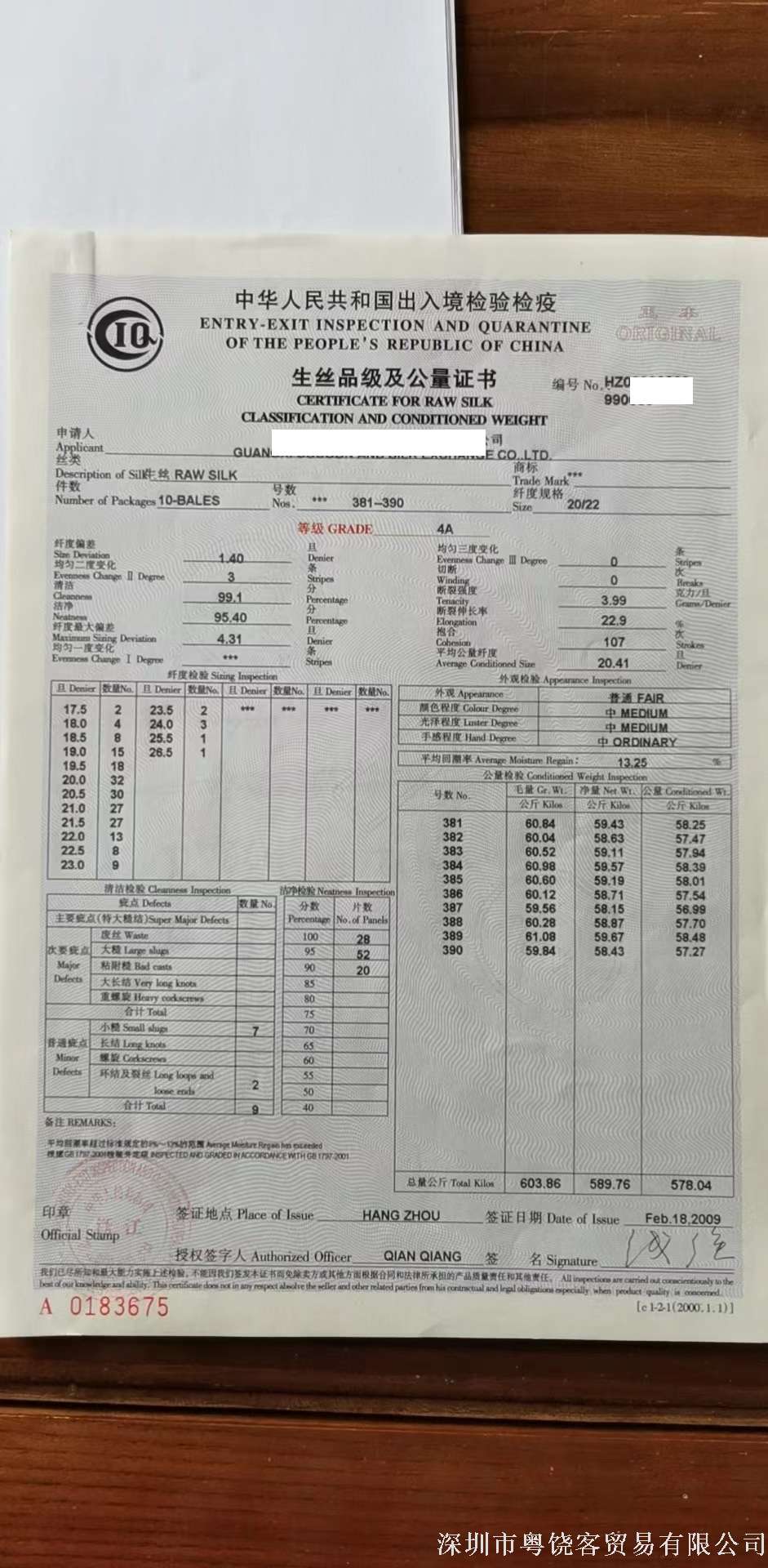 生丝品级及公量证书 CERTIFICATE FOR RAW SILK CLASSIFICATION AND CONDITIONED WEIGHT